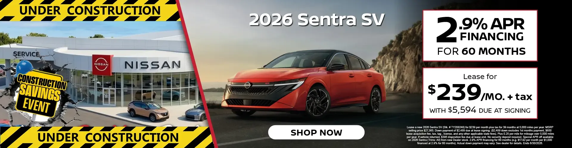 Bella Nissan of Venice 2.9 percent financing for 60 months on the 2026 Sentra SV or lease for $239 per month.